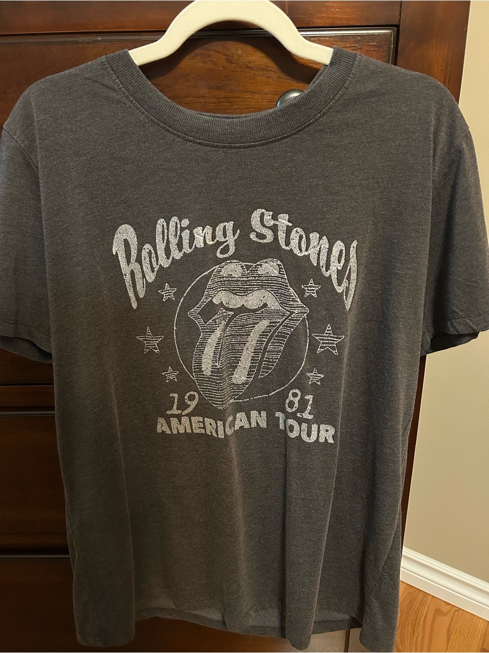 the Rolling Stones Charcoal Crewneck Tee with Sparkling Silver Print